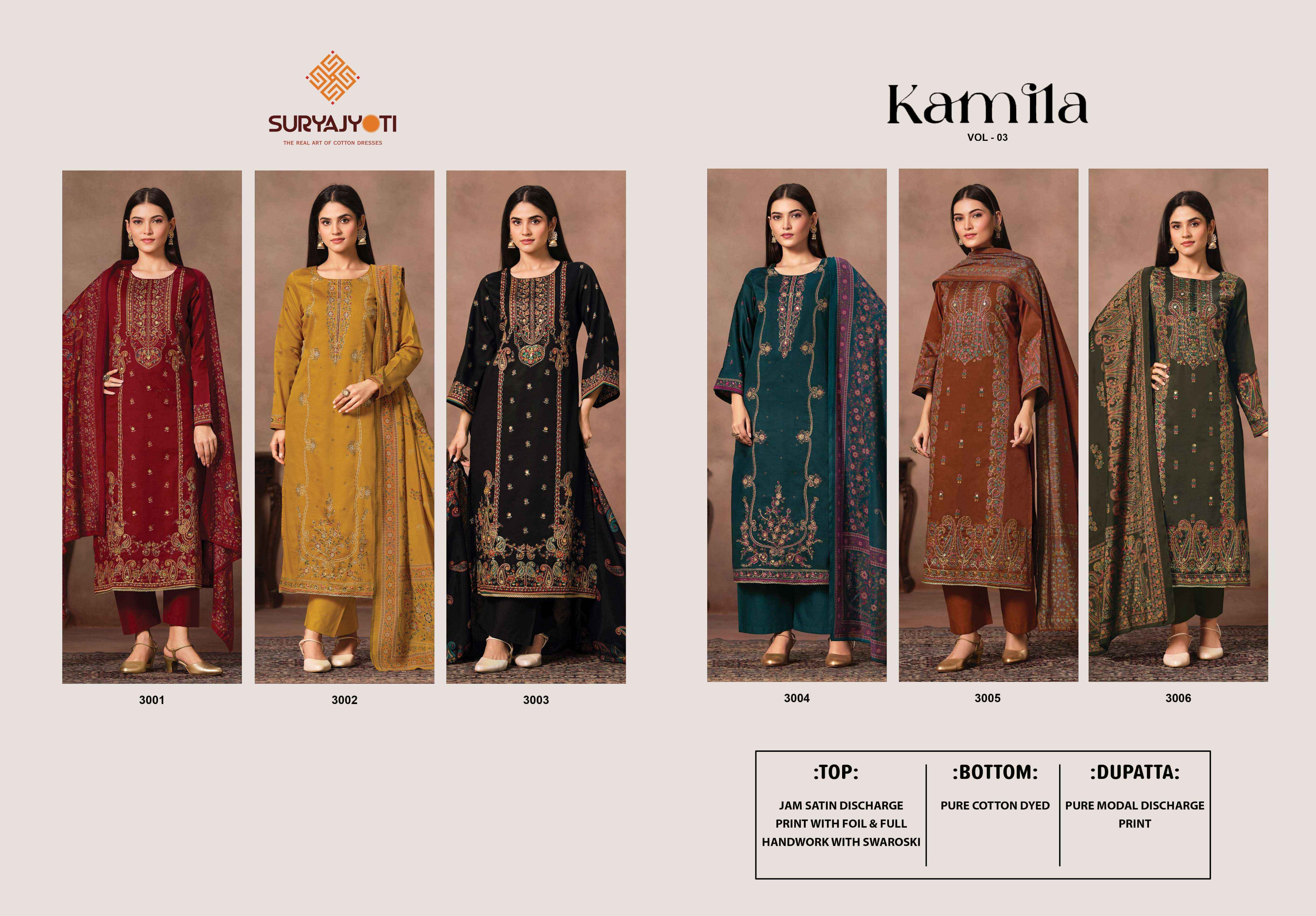Suryajyoti Kamila Vol 3 Jam Satin Dress Material Wholesale Collection ( 6 Pcs Catalog )