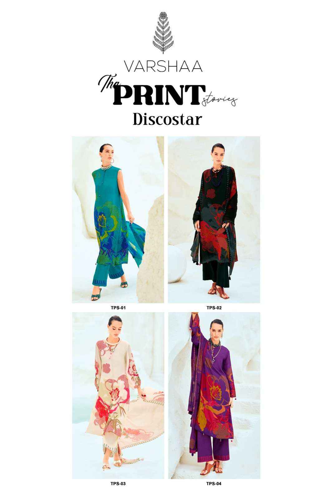 Varsha The Print Stories Discostar Digital Printed Crape Silk Suit Collection ( 4 Pcs Catalog )