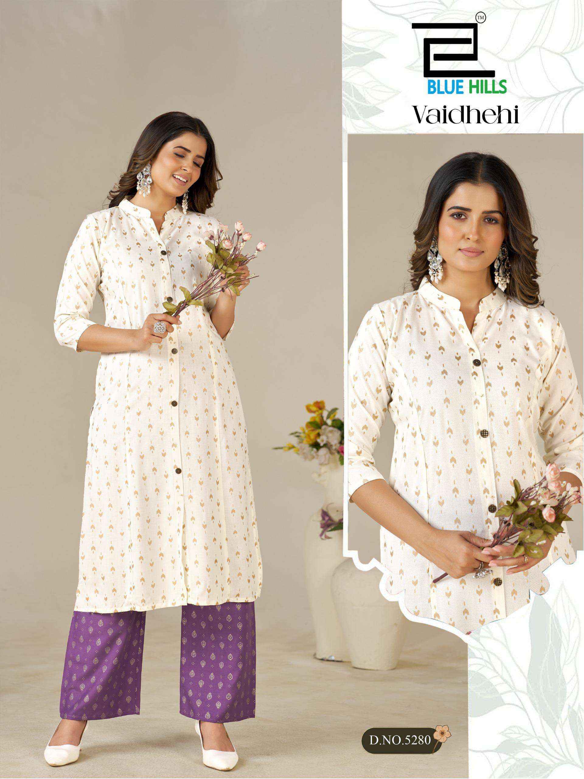 BLUE HILLS VAIDHEHI RAYON FOIL PRINT PRINCESS CUT STYLE KURTI WITH BOTTOM PAIR COLLECTION ( 6 PCS CATALOG )