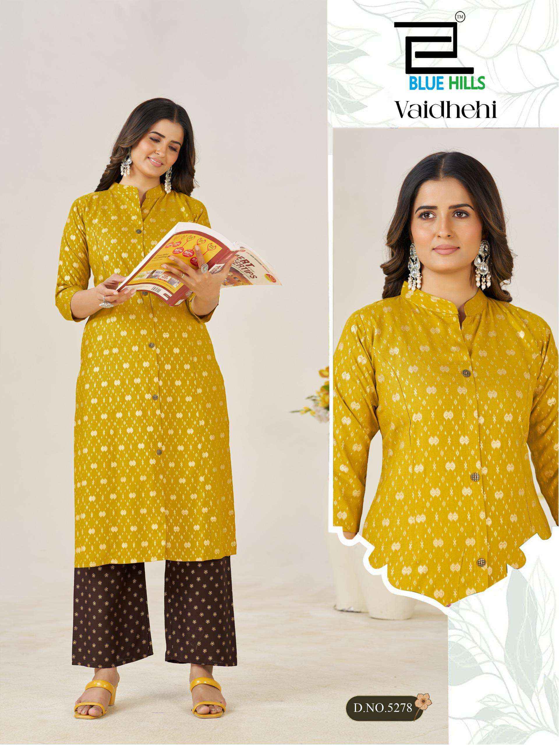 BLUE HILLS VAIDHEHI RAYON FOIL PRINT PRINCESS CUT STYLE KURTI WITH BOTTOM PAIR COLLECTION ( 6 PCS CATALOG )