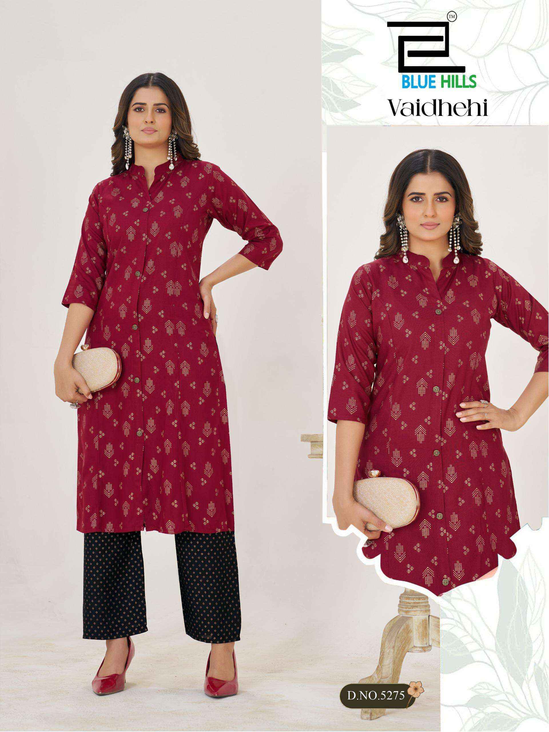 BLUE HILLS VAIDHEHI RAYON FOIL PRINT PRINCESS CUT STYLE KURTI WITH BOTTOM PAIR COLLECTION ( 6 PCS CATALOG )