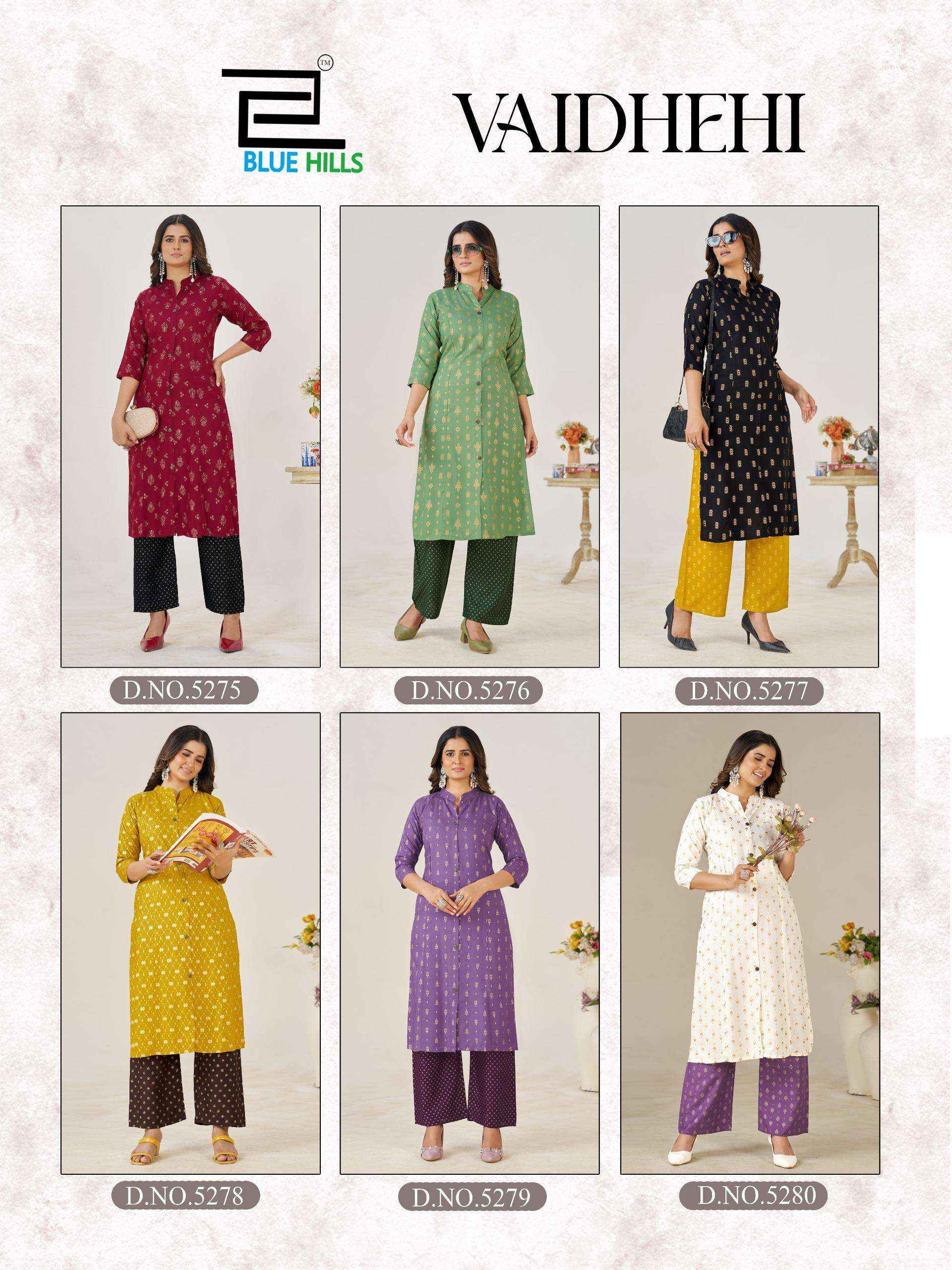 BLUE HILLS VAIDHEHI RAYON FOIL PRINT PRINCESS CUT STYLE KURTI WITH BOTTOM PAIR COLLECTION ( 6 PCS CATALOG )