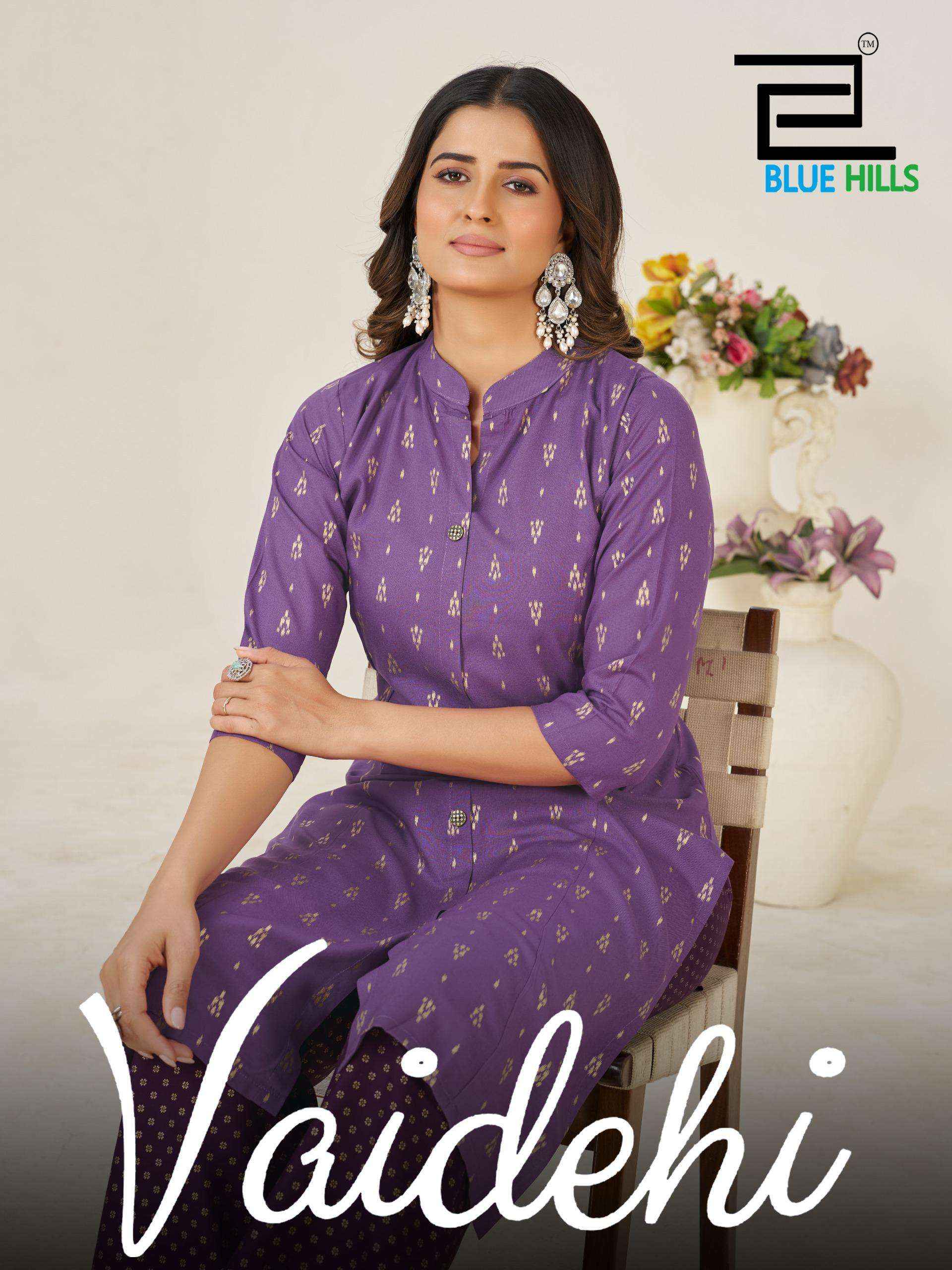 BLUE HILLS VAIDHEHI RAYON FOIL PRINT PRINCESS CUT STYLE KURTI WITH BOTTOM PAIR COLLECTION ( 6 PCS CATALOG )