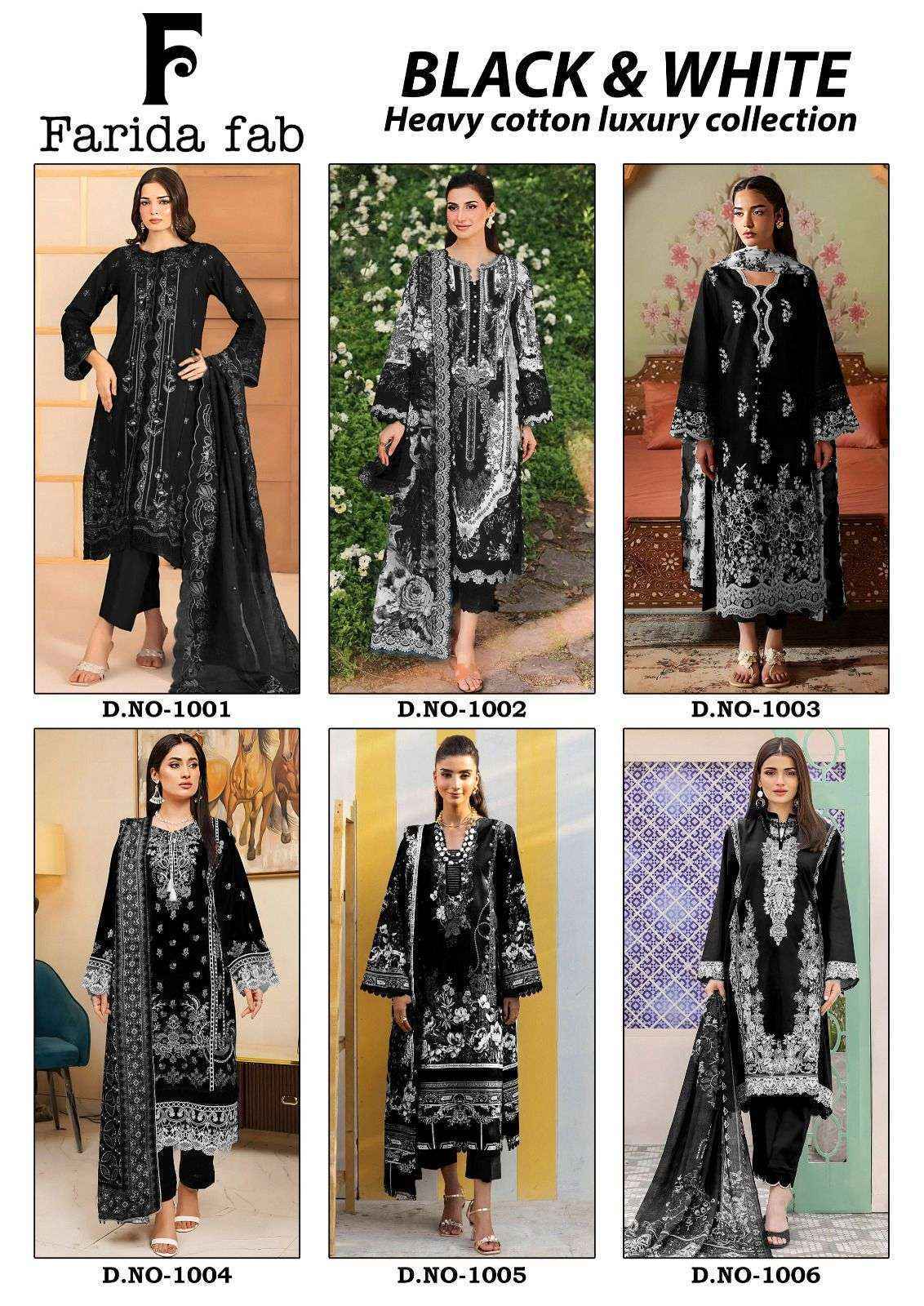 Farida Fab Black & White Heavy Cotton Luxury Collection Cotton Dress Material ( 6 pcs Catalogue )