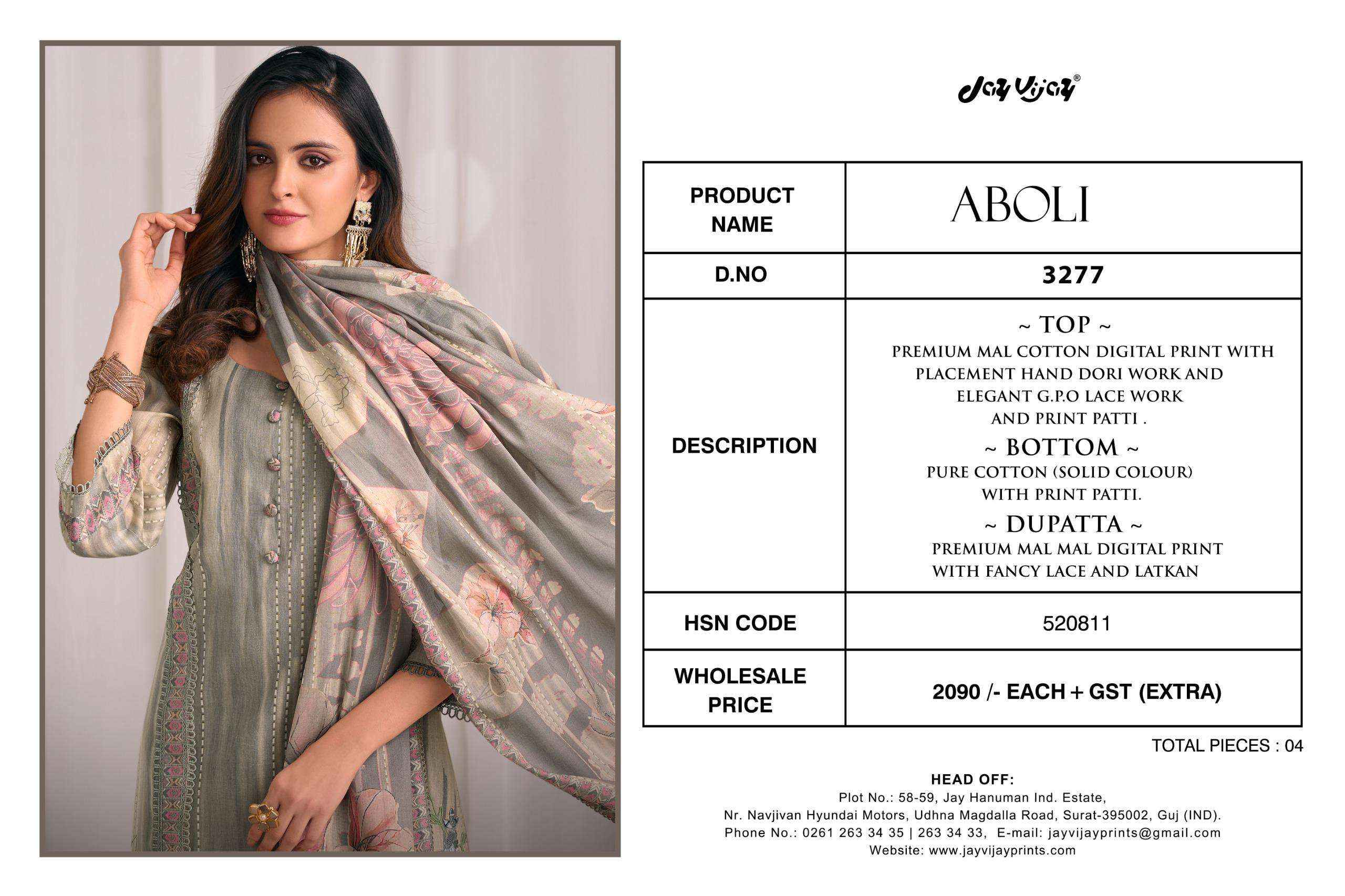 Jay Vijay Aboli 3277 Latest Designs Cotton Dress Material Collection ( 4 Pcs Catalog )