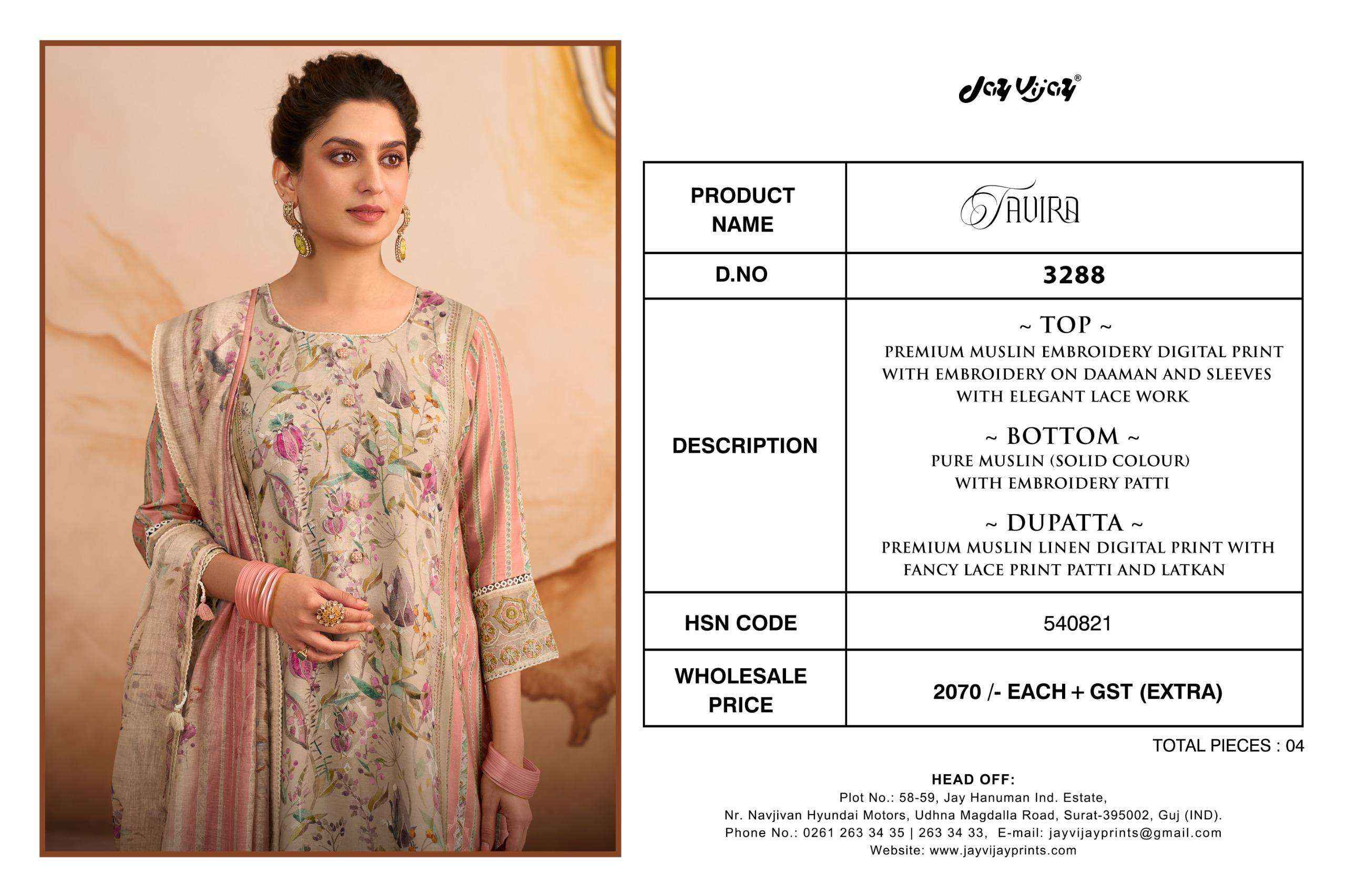 Jay Vijay Tavira 3288 Premium Designs Muslin Dress Material Wholesale Collection ( 4 Pcs Catalog )