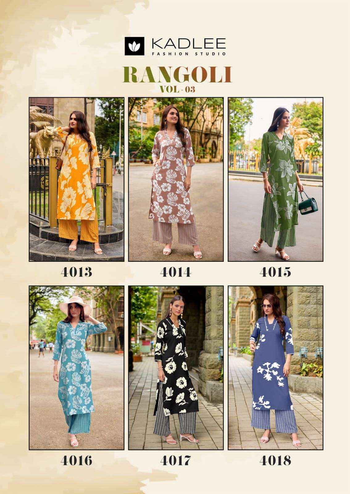 Kadlee Fashion Rangoli Vol 3 Printed Rayon Co Ord Set Wholesale Price ( 6 Pcs Catalogue )