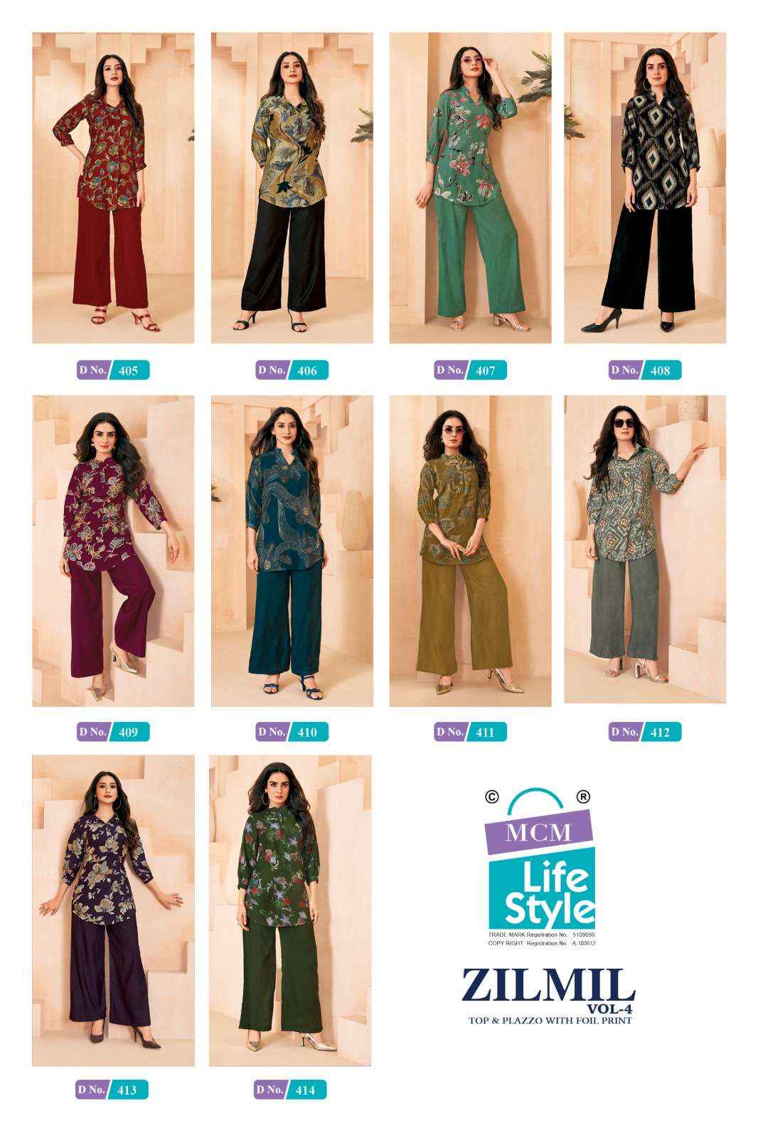 Mcm Lifestyle Zilmil Vol 4 Premium Wear Top Palazzo Pair Dress Collection ( 10 Pcs Catalog )