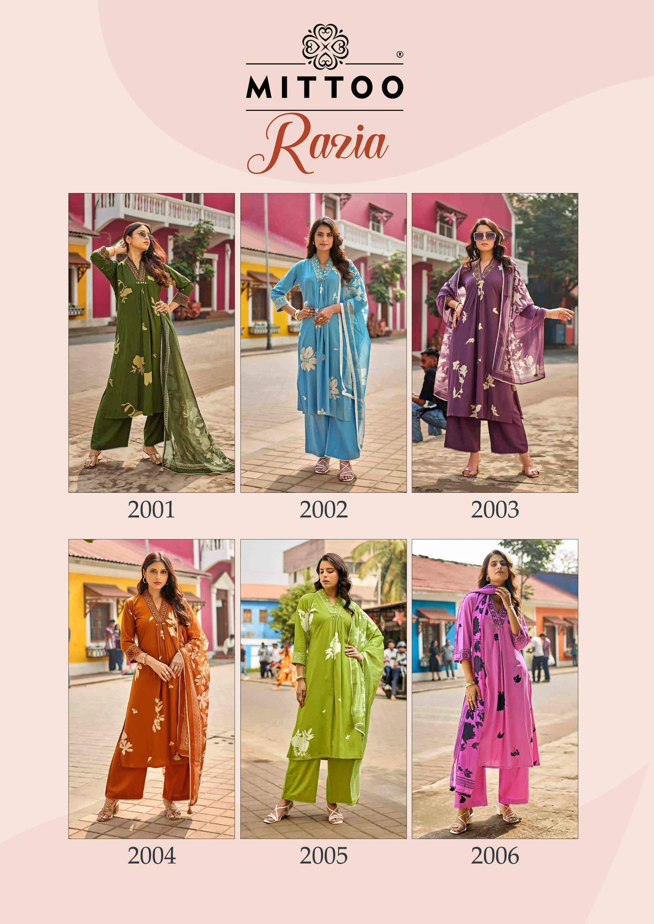 Mittoo Razia Readymade Fancy Kurti Bottom Dupatta Pair Collection ( 6 Pcs Catalog )