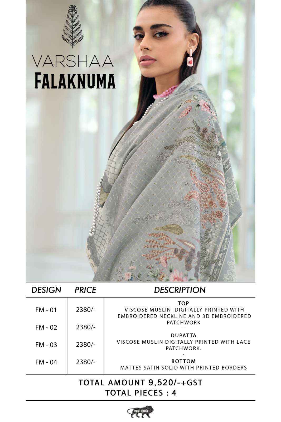 Varsha Falaknuma Exclusive Wear Muslin Dress Material Wholesale Collection ( 4 Pcs Catalog )