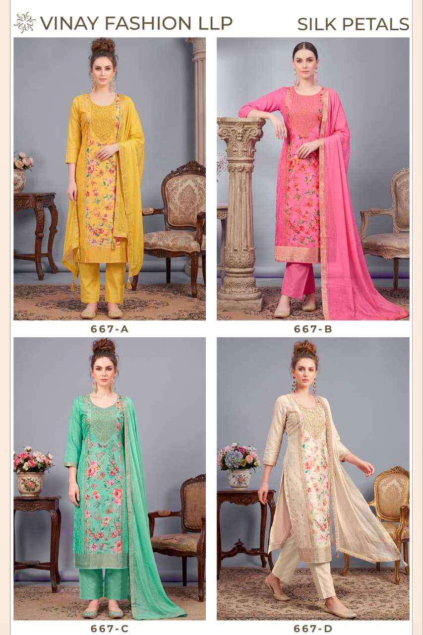 Vinay Fashion Kuleesh Silk Petals Exclusive Russian Silk Dress Material Wholesale Collection ( 4 Pcs Catalog )