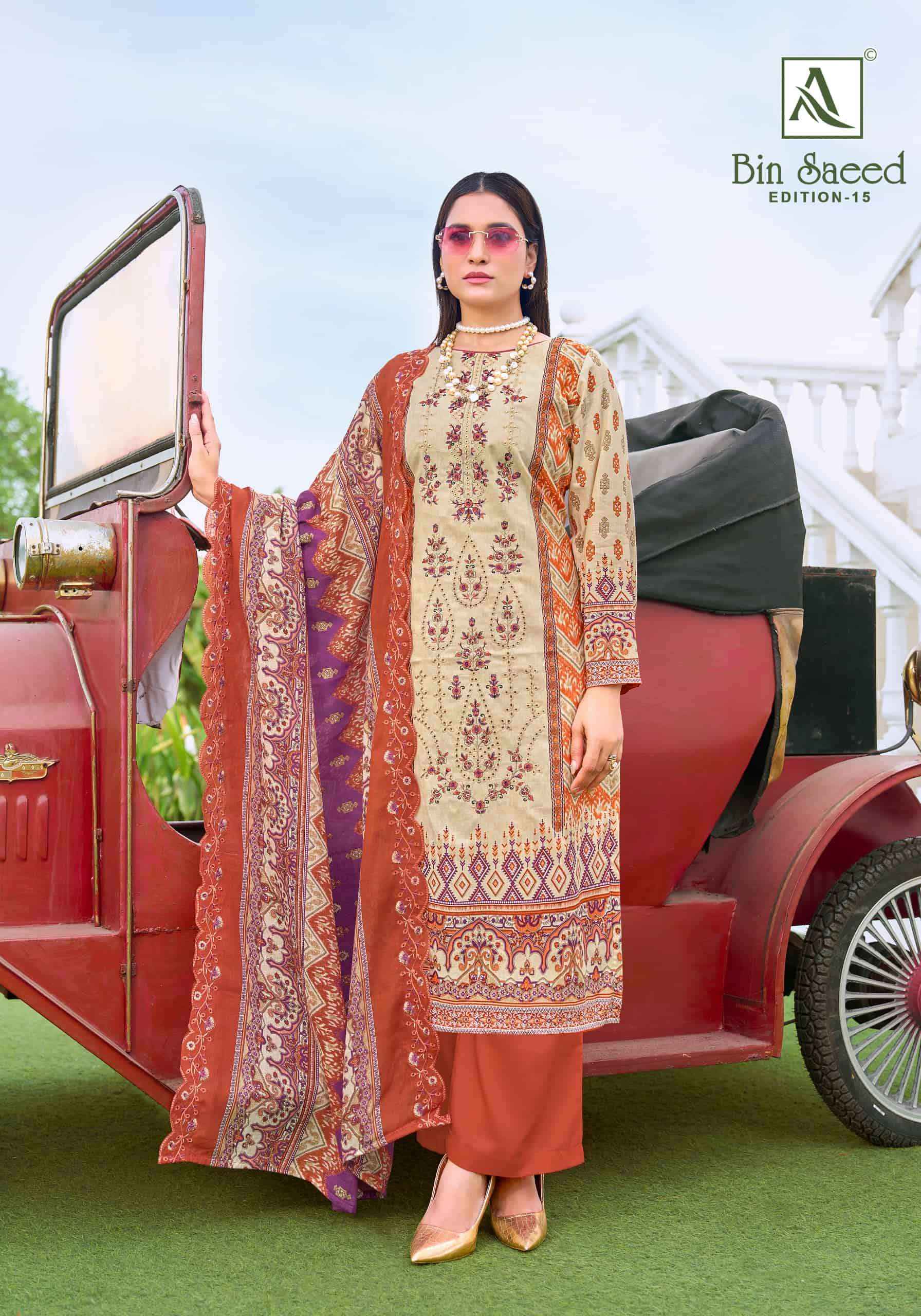 Alok Suit Bin Saeed Edition 15 Pure Cotton Pakistani Dress Material Wholesale Price ( 8 Pcs Catalogue )