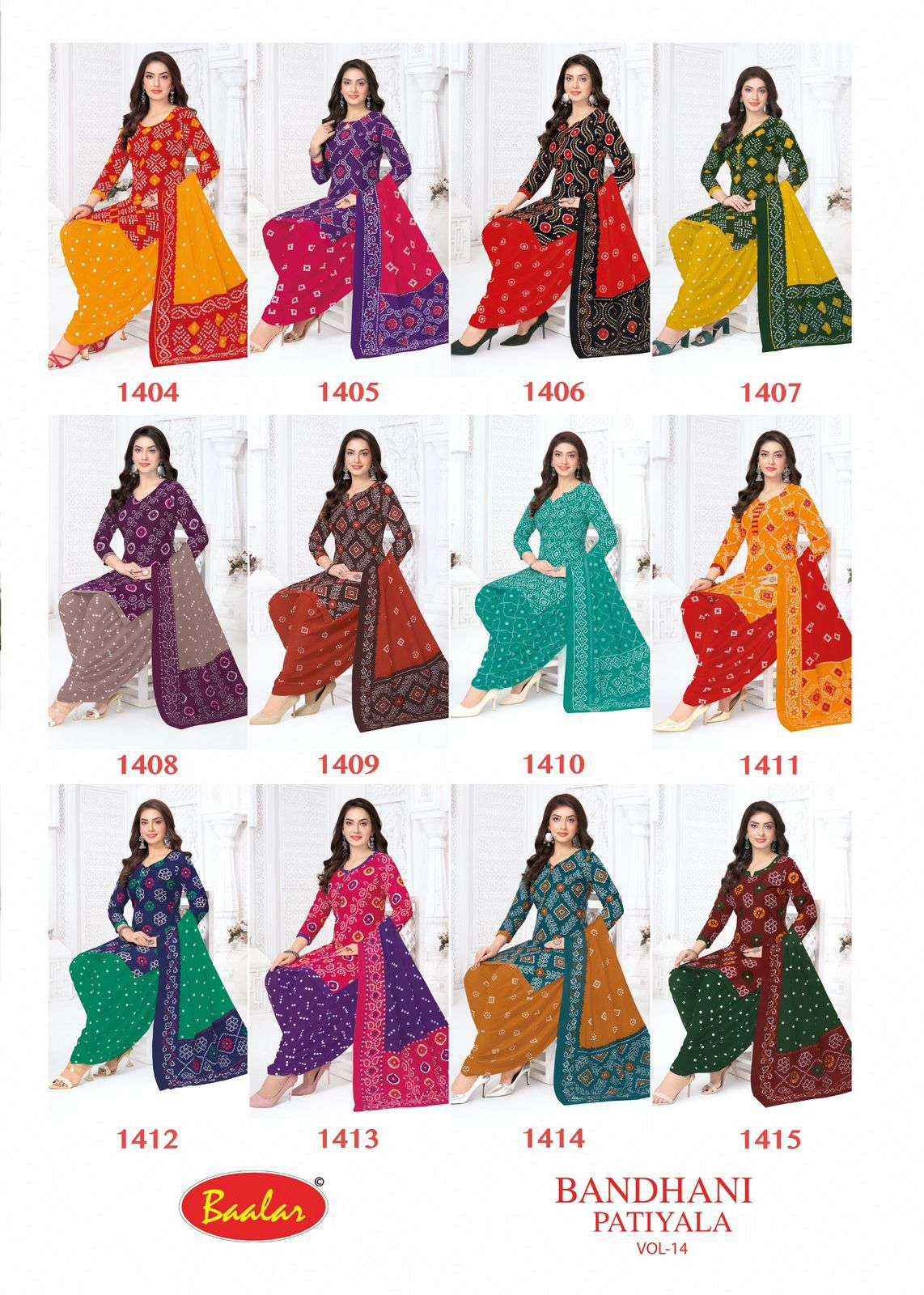 Baalar Bandhani Patiyala Vol 14 Cotton Unstitch Suits 12 Pcs Catalogue