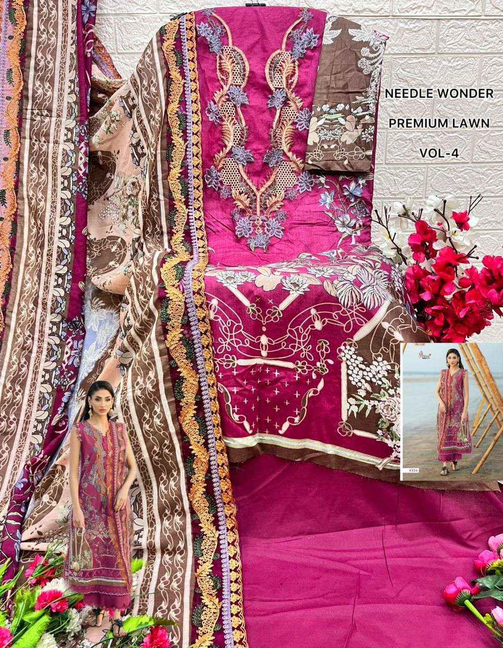 BUY SHREE FABS NEEDLE WONDER LAWN VOL 4 PAKISTANI SUITS WHOLESALE
