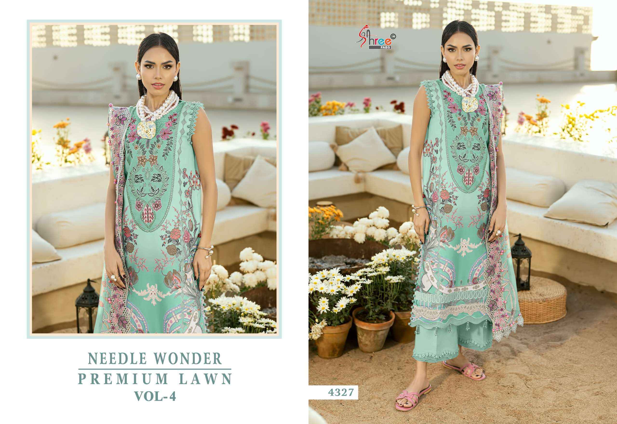 BUY SHREE FABS NEEDLE WONDER LAWN VOL 4 PAKISTANI SUITS WHOLESALE