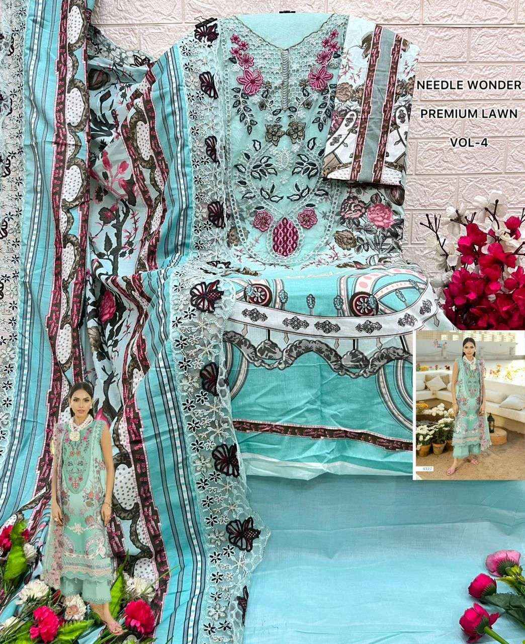 BUY SHREE FABS NEEDLE WONDER LAWN VOL 4 PAKISTANI SUITS WHOLESALE