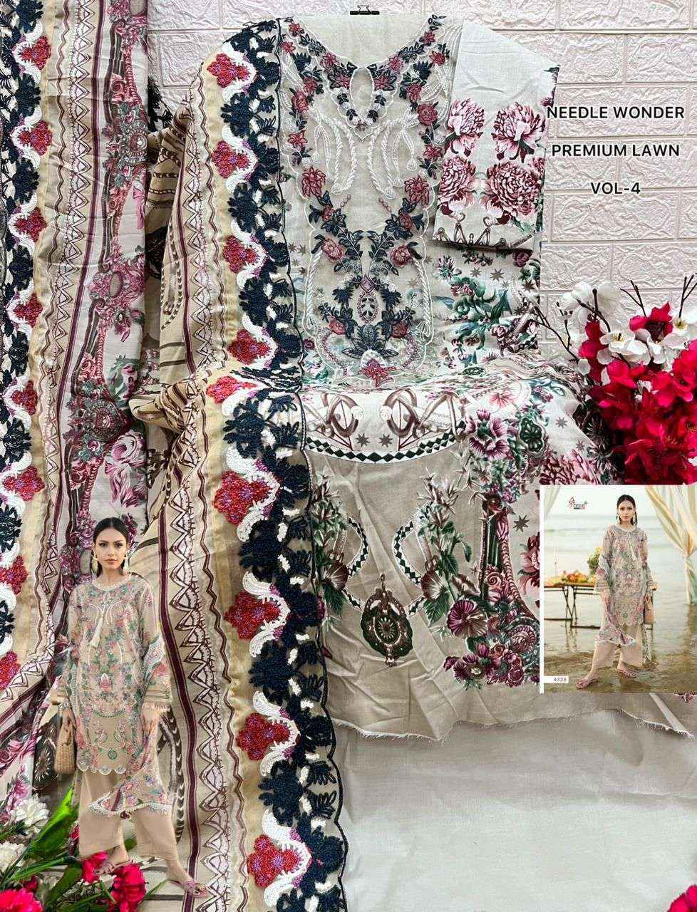 BUY SHREE FABS NEEDLE WONDER LAWN VOL 4 PAKISTANI SUITS WHOLESALE