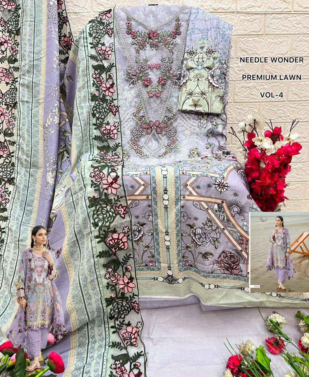 BUY SHREE FABS NEEDLE WONDER LAWN VOL 4 PAKISTANI SUITS WHOLESALE