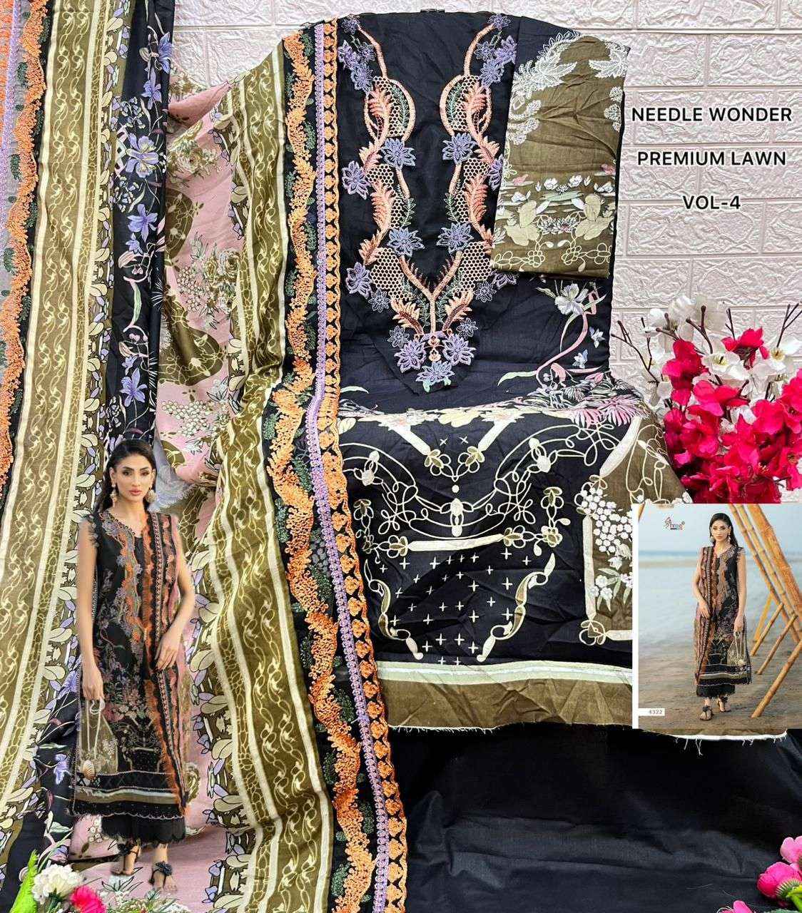 BUY SHREE FABS NEEDLE WONDER LAWN VOL 4 PAKISTANI SUITS WHOLESALE