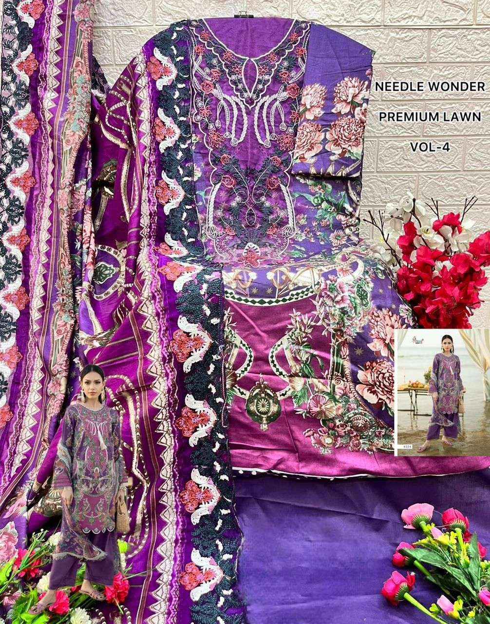 BUY SHREE FABS NEEDLE WONDER LAWN VOL 4 PAKISTANI SUITS WHOLESALE