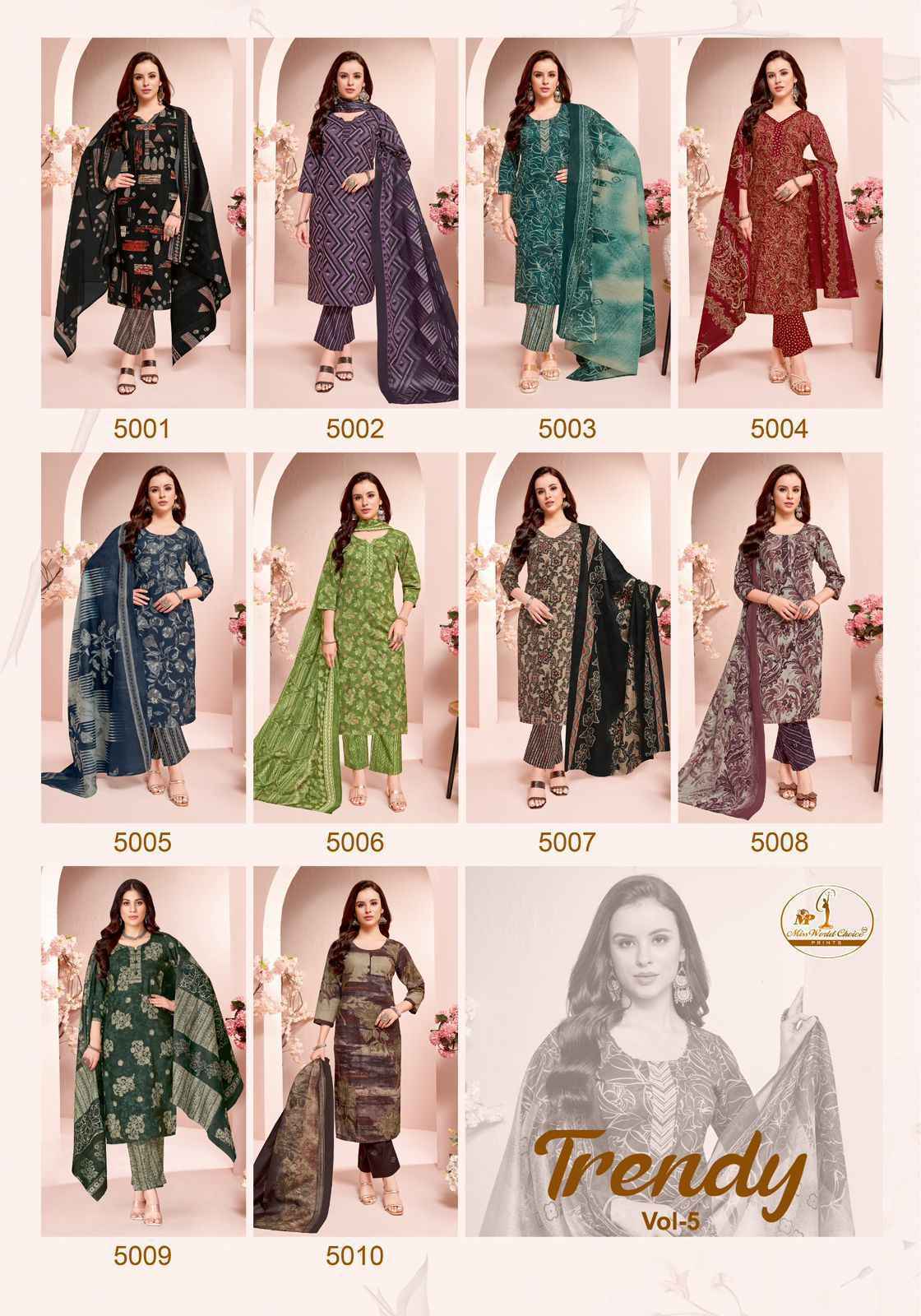 Miss World Choice Trendy Vol 5 Cotton Suits Wholesale Price ( 10 pcs Catalogue )