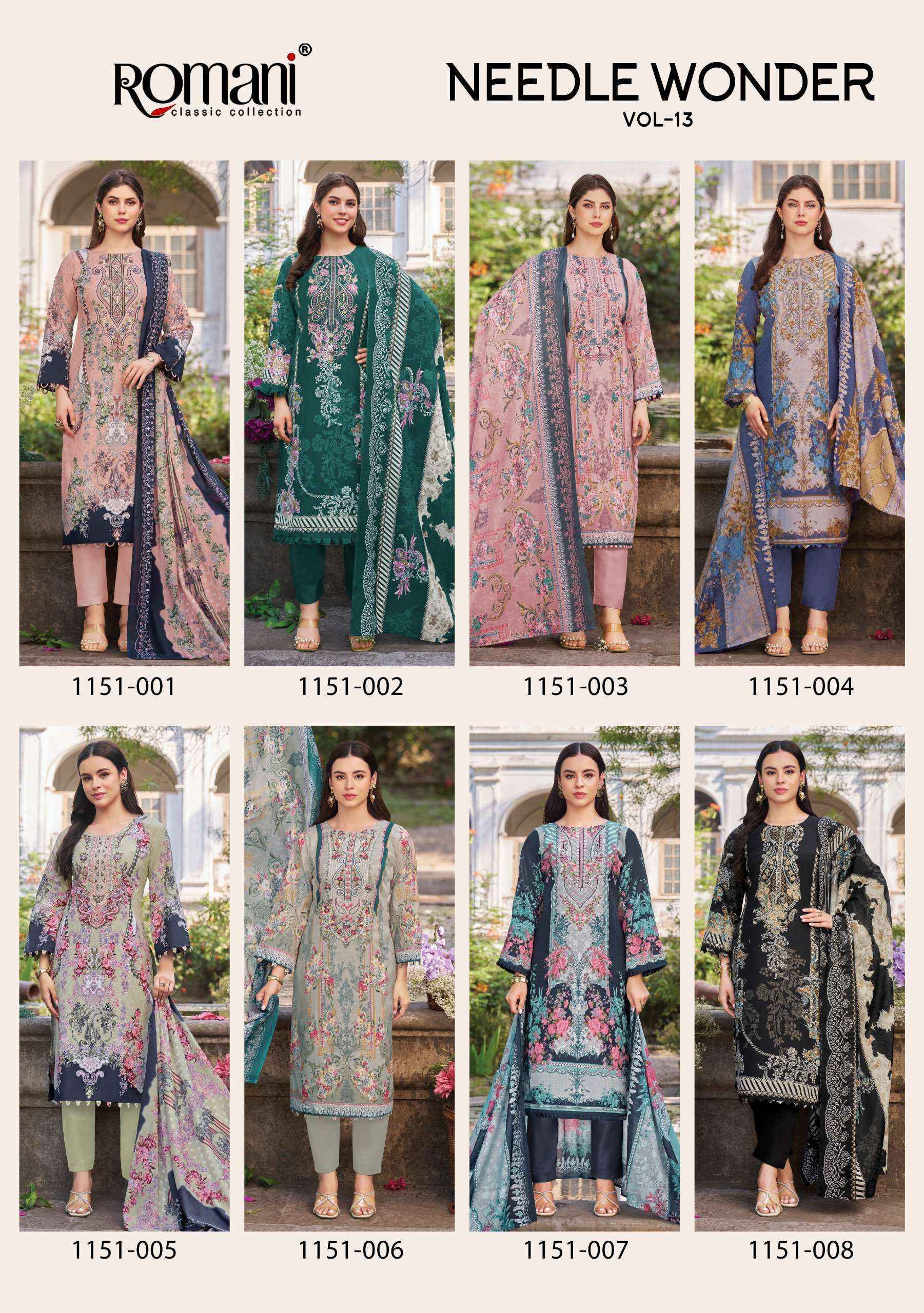 Romani Needle Wonder Vol 13 Cotton Wholesale Dress Material 8 pcs Catalogue