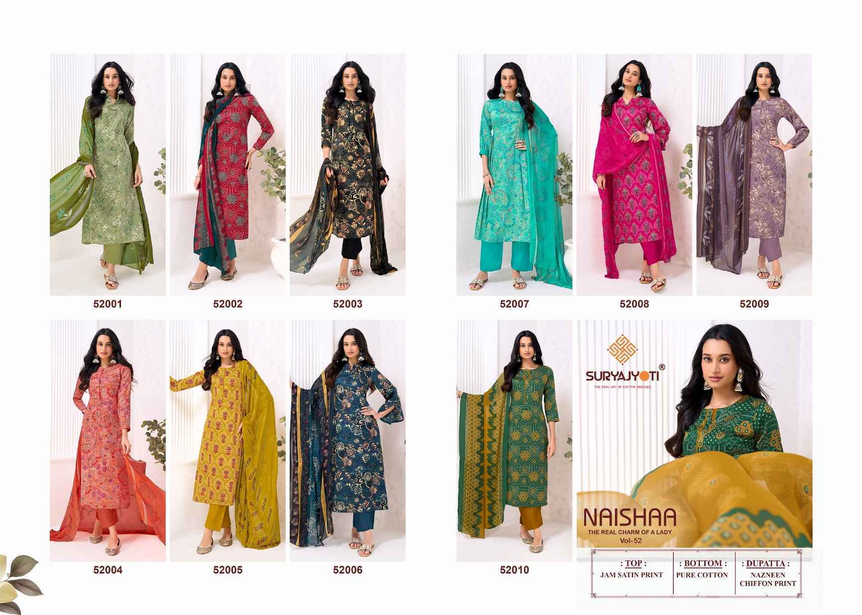 Suryajyoti Naishaa Vol 52 Jam Satin Dress Material Wholesale Price 10 pcs Catalogue
