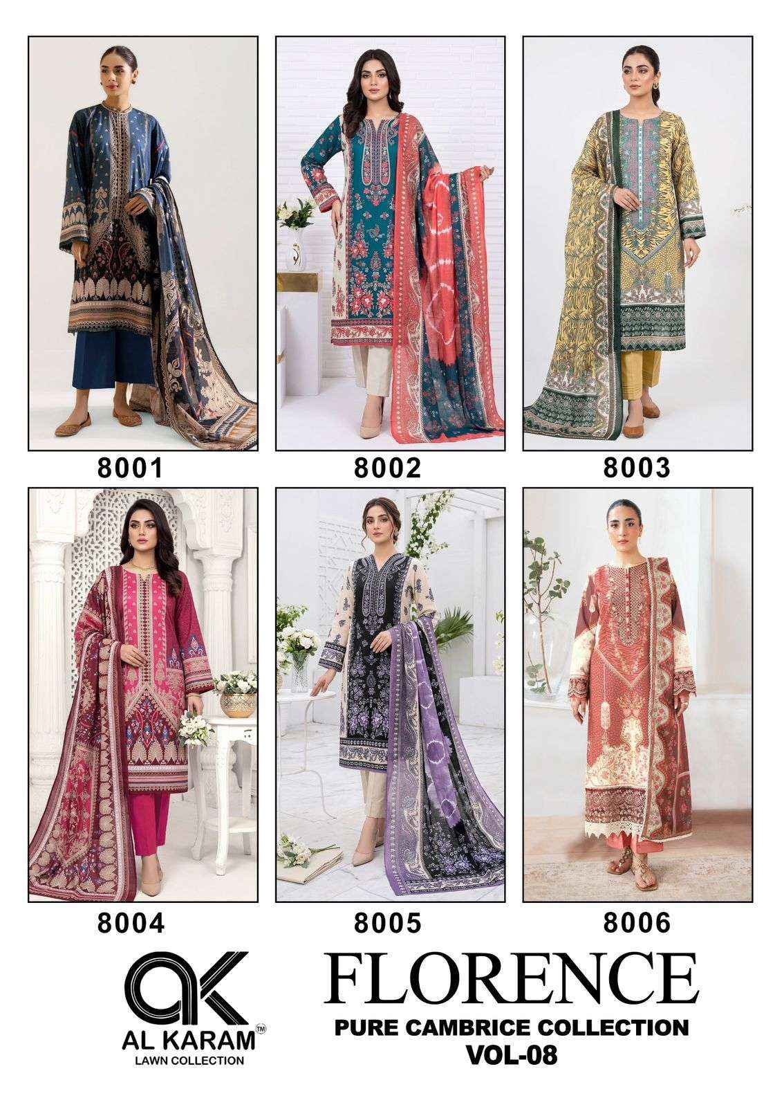 Al Karam Florence Vol 8 Pure Cambric Cotton Dress Material _ Wholesale Surat Collection ( 6 Pcs Catalog )
