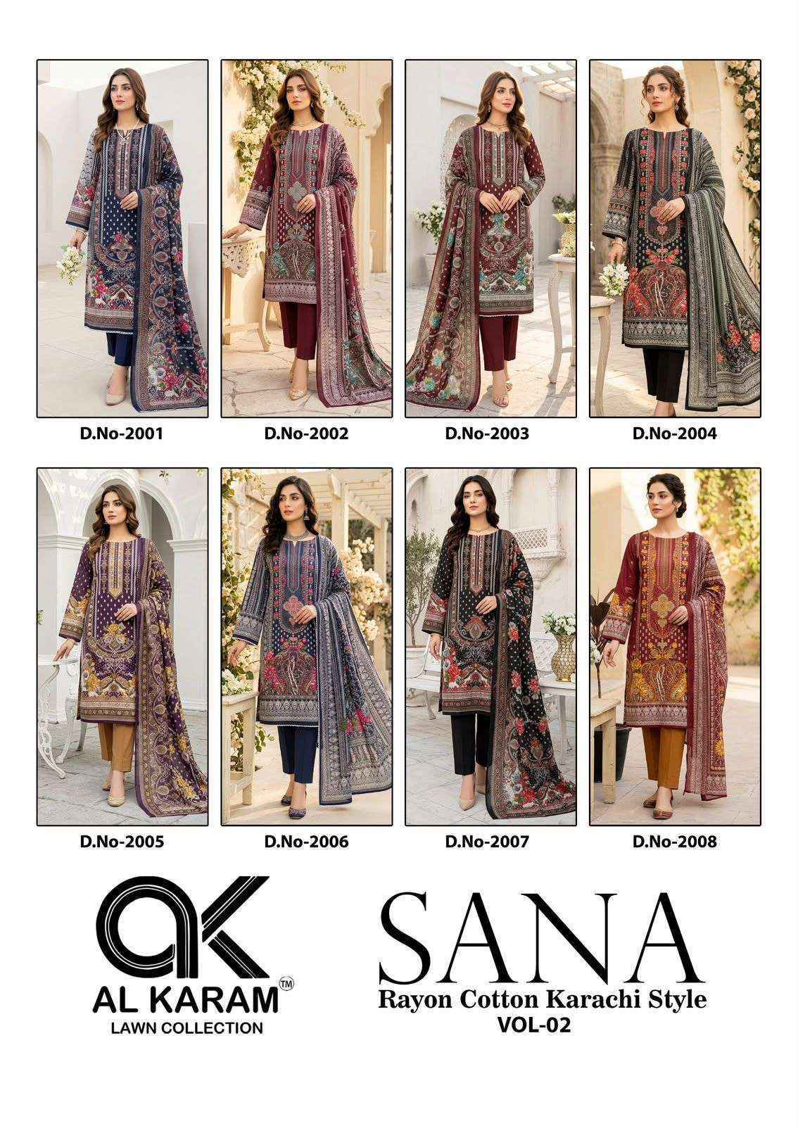 Al Karam Sana Vol 2 Rayon Pakistani Suits, Lowest Price ( 8 pcs Catalogue )