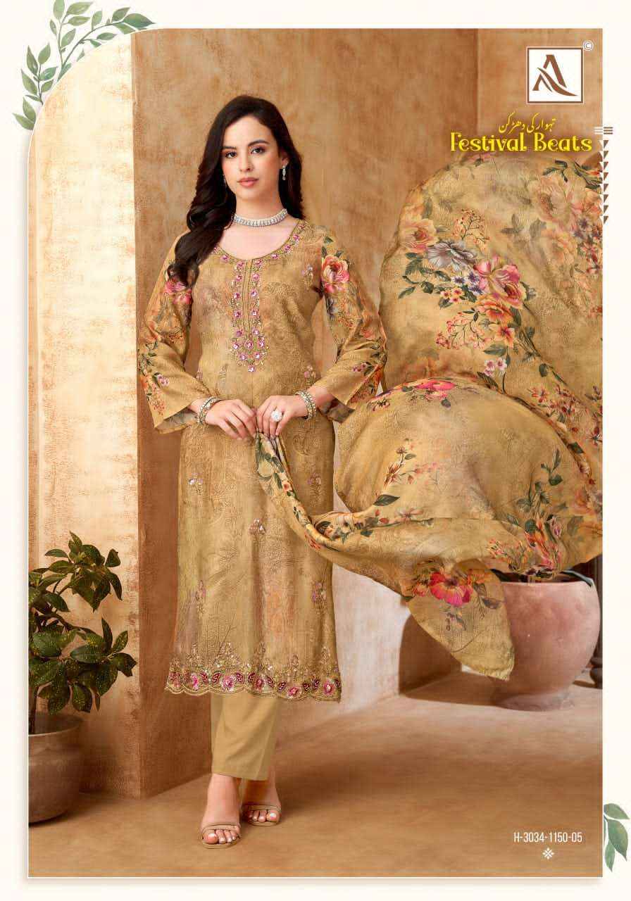 Alok Suit Festival Beats Fancy Muslin Dress Material _  Wholesale surat Rate ( 6 Pcs catalog )