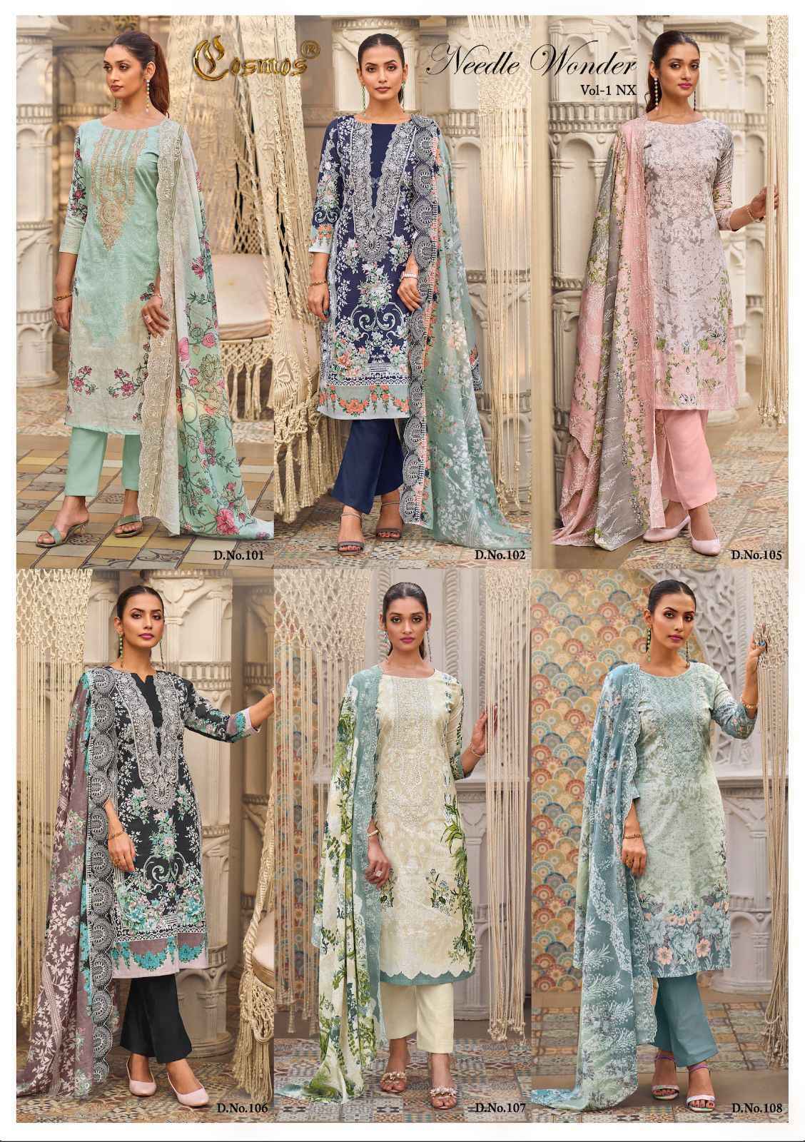 Cosmos Needle Wonder Vol 1 Nx Lawn Cotton Dress Material _ Wholesale Surat Rate ( 6 Pcs Catalog )