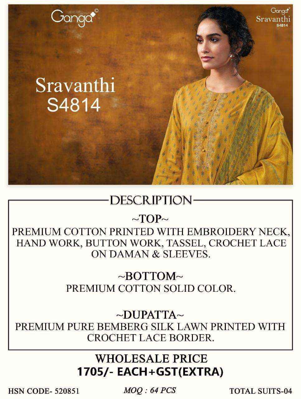 Ganga Fashion Sravanthi 4814 Exclusive Fancy Cotton Suit Catalog Wholesale Price ( 4 Pcs Catalog )