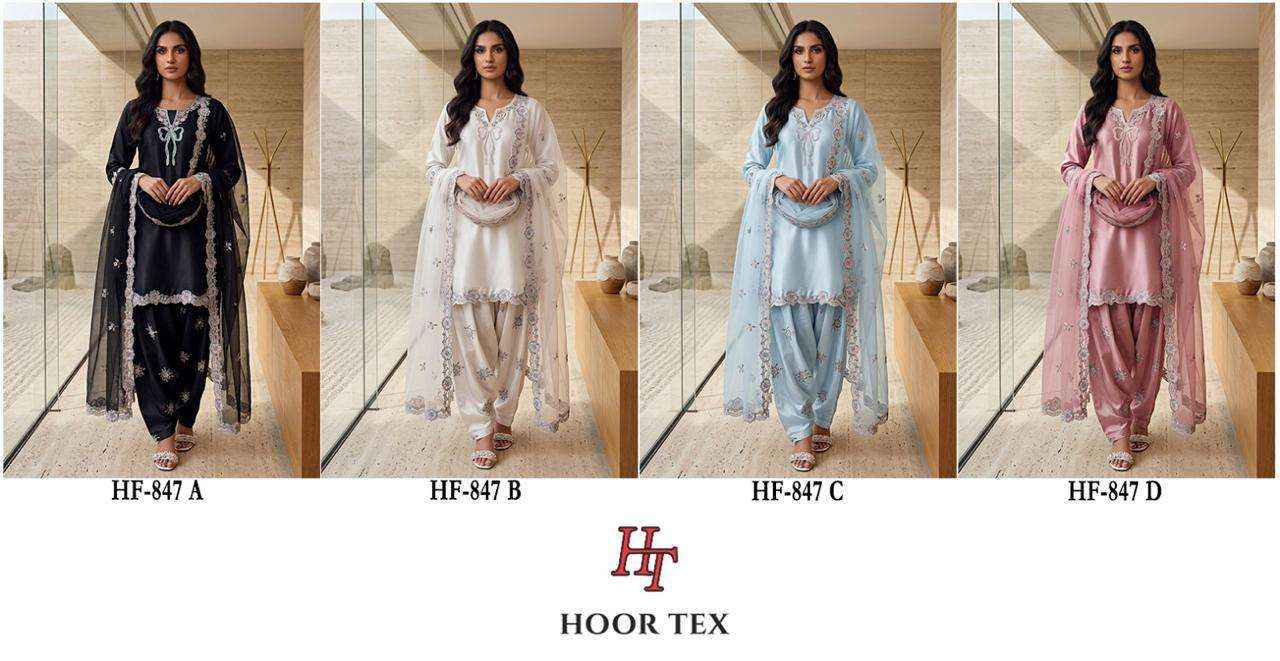 HOOR TEX HF 847 SATIN FABRIC DESIGNER WORK READY MADE PAKISTANI DRESS _ WHOLESALE SURAT RATE ( 4 PCS CATALOG )