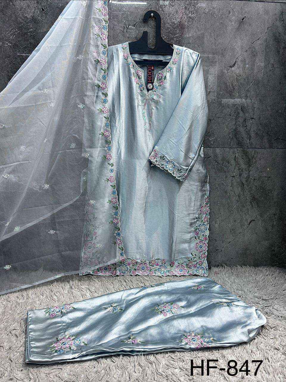 HOOR TEX HF 847 SATIN FABRIC DESIGNER WORK READY MADE PAKISTANI DRESS _ WHOLESALE SURAT RATE ( 4 PCS CATALOG )