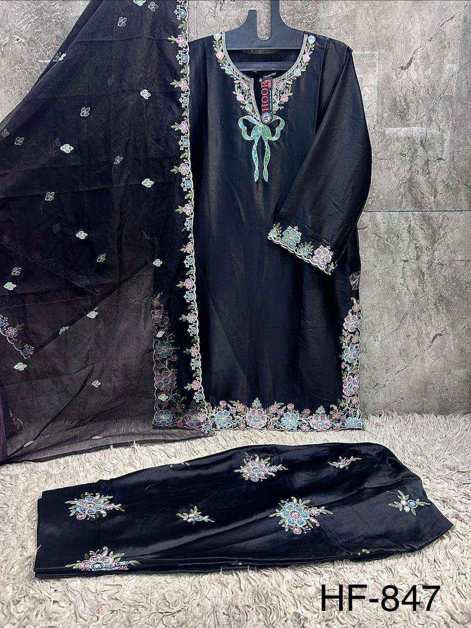 HOOR TEX HF 847 SATIN FABRIC DESIGNER WORK READY MADE PAKISTANI DRESS _ WHOLESALE SURAT RATE ( 4 PCS CATALOG )