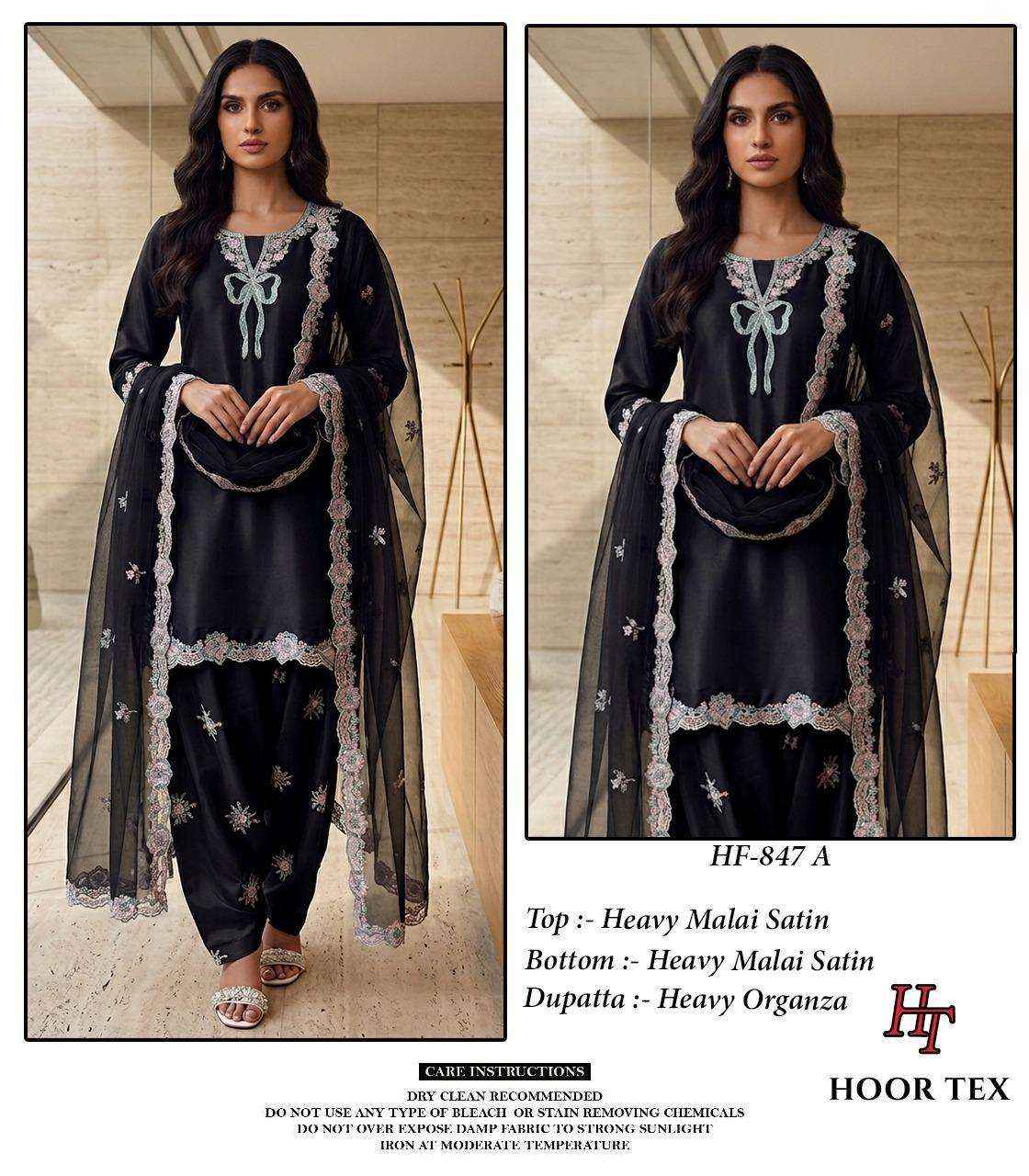HOOR TEX HF 847 SATIN FABRIC DESIGNER WORK READY MADE PAKISTANI DRESS _ WHOLESALE SURAT RATE ( 4 PCS CATALOG )