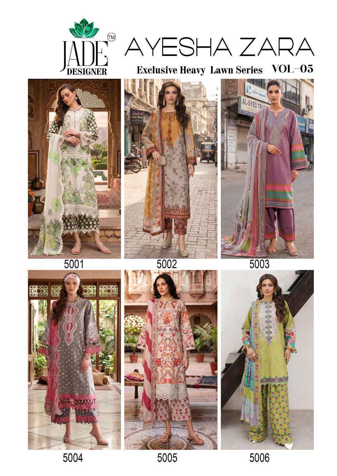Jade Ayesha Zara Vol 5 Lawn Cotton Dress Material Wholesale Surat Rate ( 6 Pcs Catalog )