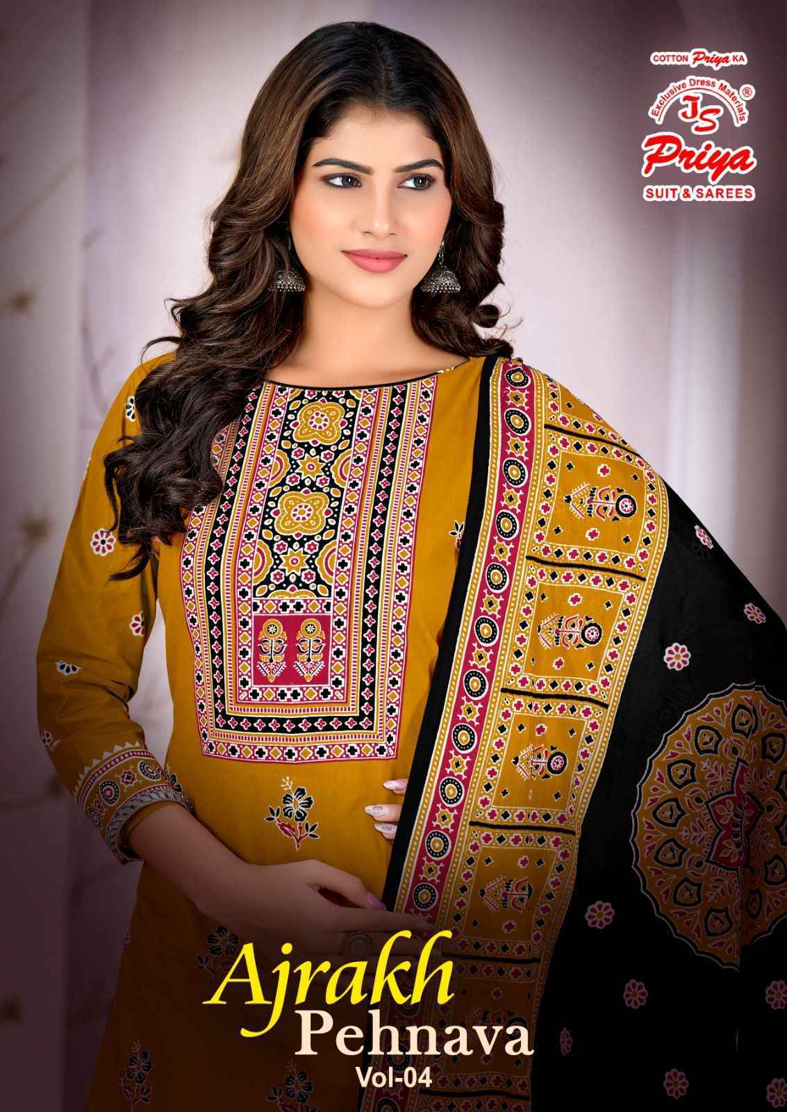 Js Priya Ajrakh Pehnava Vol 4 Cotton Dress Material _ New Collection at Wholesale Price ( 10 Pcs Catalog )