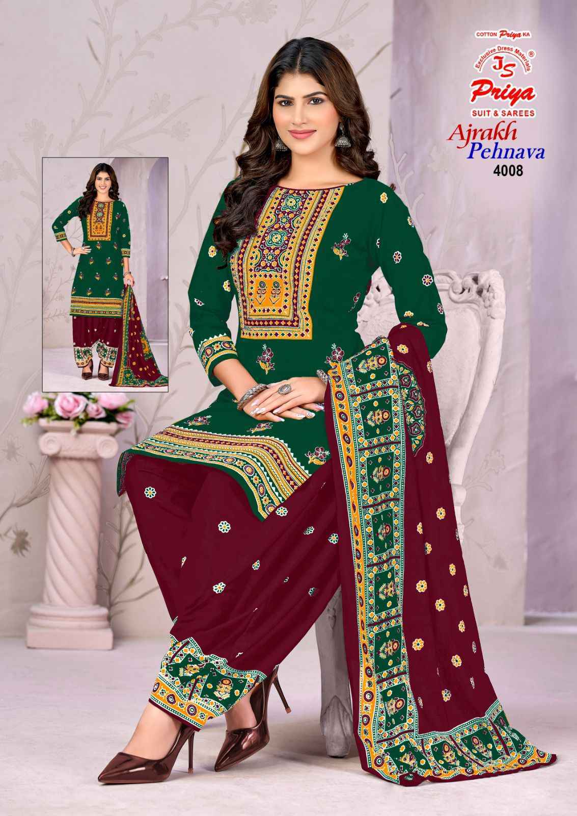 Js Priya Ajrakh Pehnava Vol 4 Cotton Dress Material _ New Collection at Wholesale Price ( 10 Pcs Catalog )