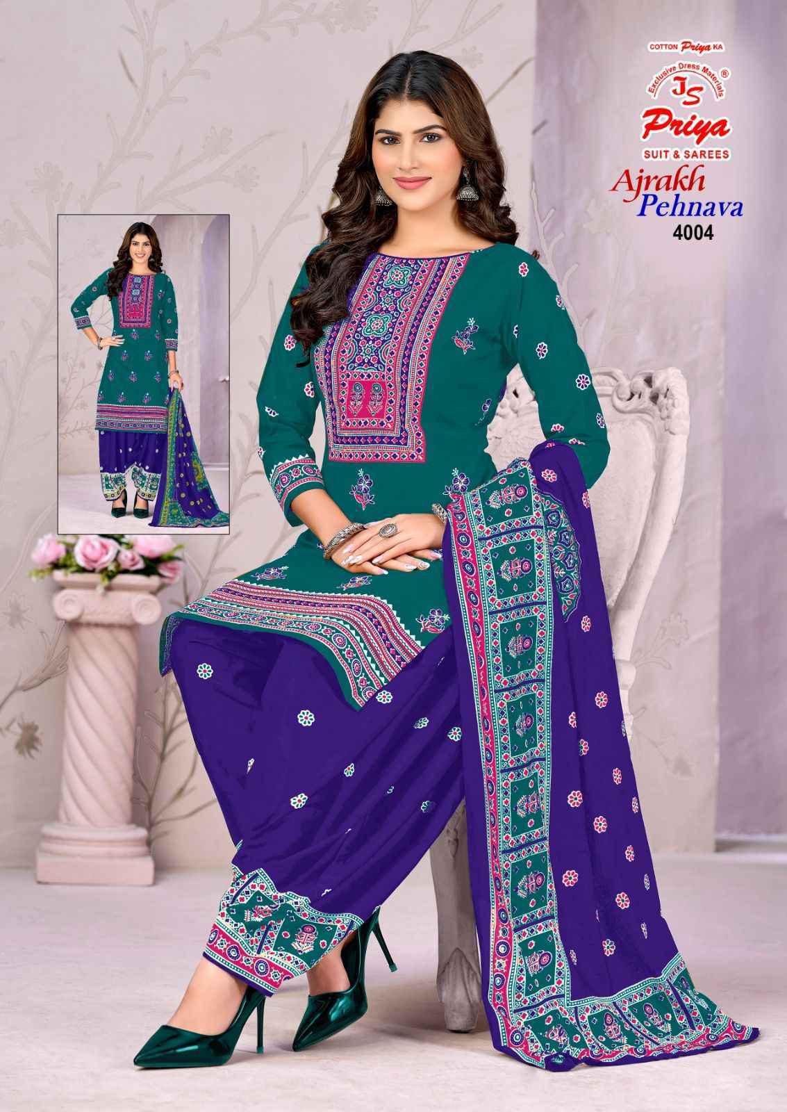 Js Priya Ajrakh Pehnava Vol 4 Cotton Dress Material _ New Collection at Wholesale Price ( 10 Pcs Catalog )