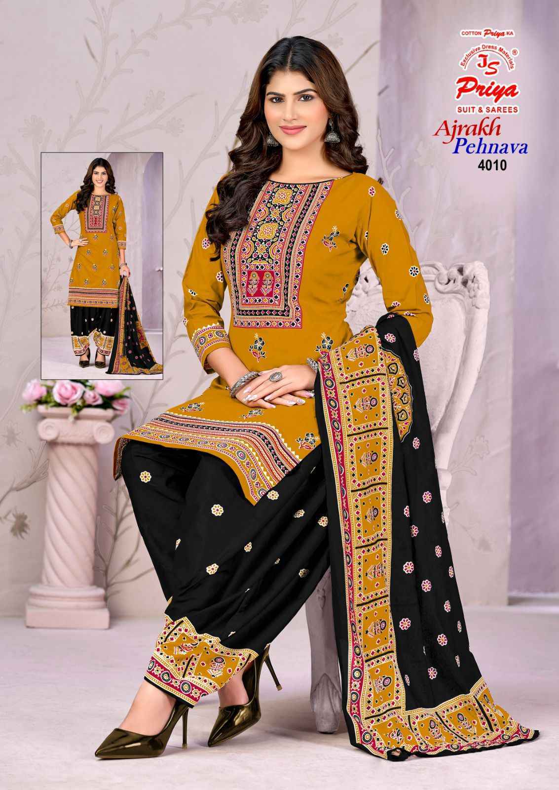 Js Priya Ajrakh Pehnava Vol 4 Cotton Dress Material _ New Collection at Wholesale Price ( 10 Pcs Catalog )
