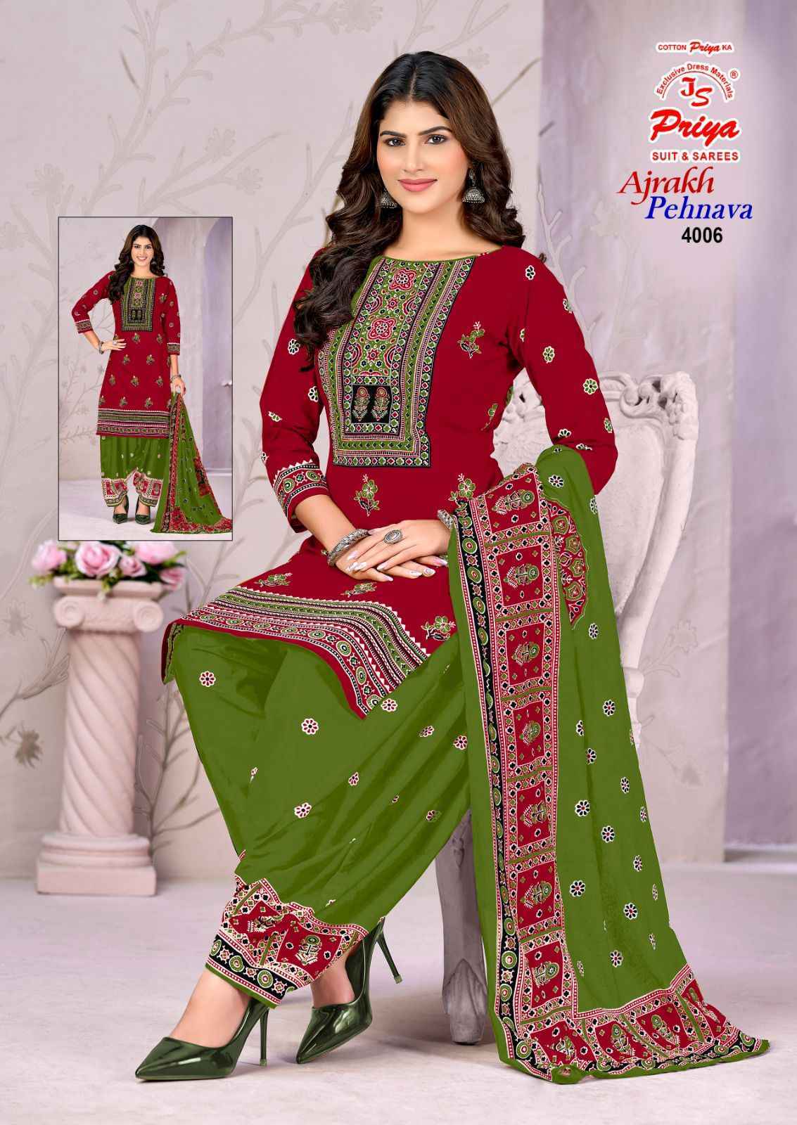 Js Priya Ajrakh Pehnava Vol 4 Cotton Dress Material _ New Collection at Wholesale Price ( 10 Pcs Catalog )