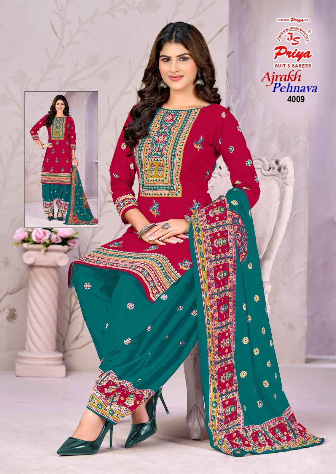 Js Priya Ajrakh Pehnava Vol 4 Cotton Dress Material _ New Collection at Wholesale Price ( 10 Pcs Catalog )