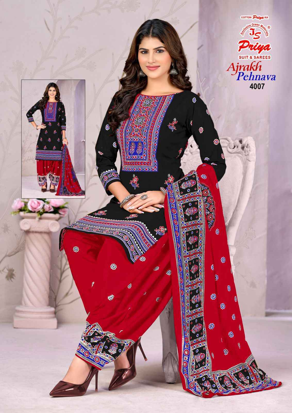 Js Priya Ajrakh Pehnava Vol 4 Cotton Dress Material _ New Collection at Wholesale Price ( 10 Pcs Catalog )