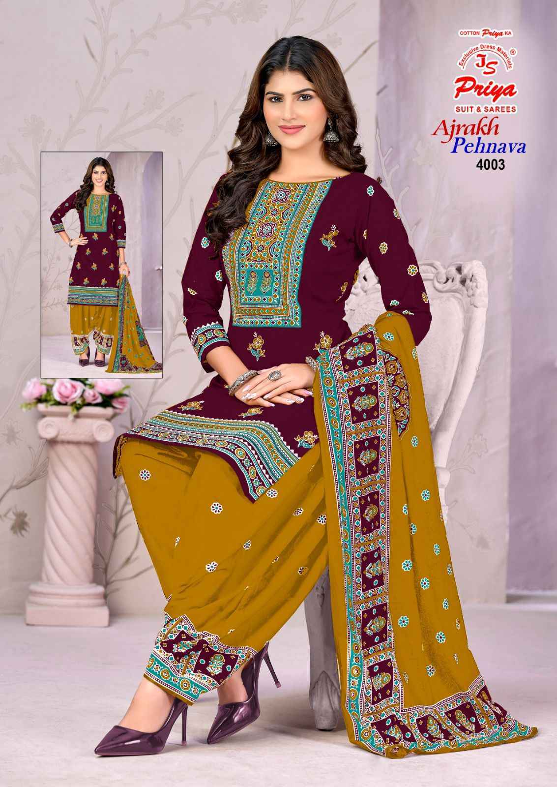 Js Priya Ajrakh Pehnava Vol 4 Cotton Dress Material _ New Collection at Wholesale Price ( 10 Pcs Catalog )