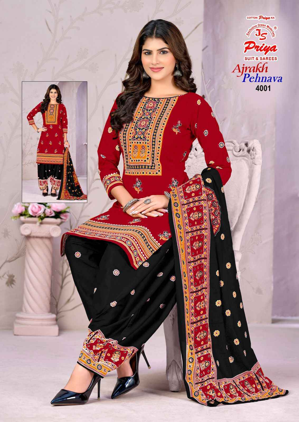 Js Priya Ajrakh Pehnava Vol 4 Cotton Dress Material _ New Collection at Wholesale Price ( 10 Pcs Catalog )