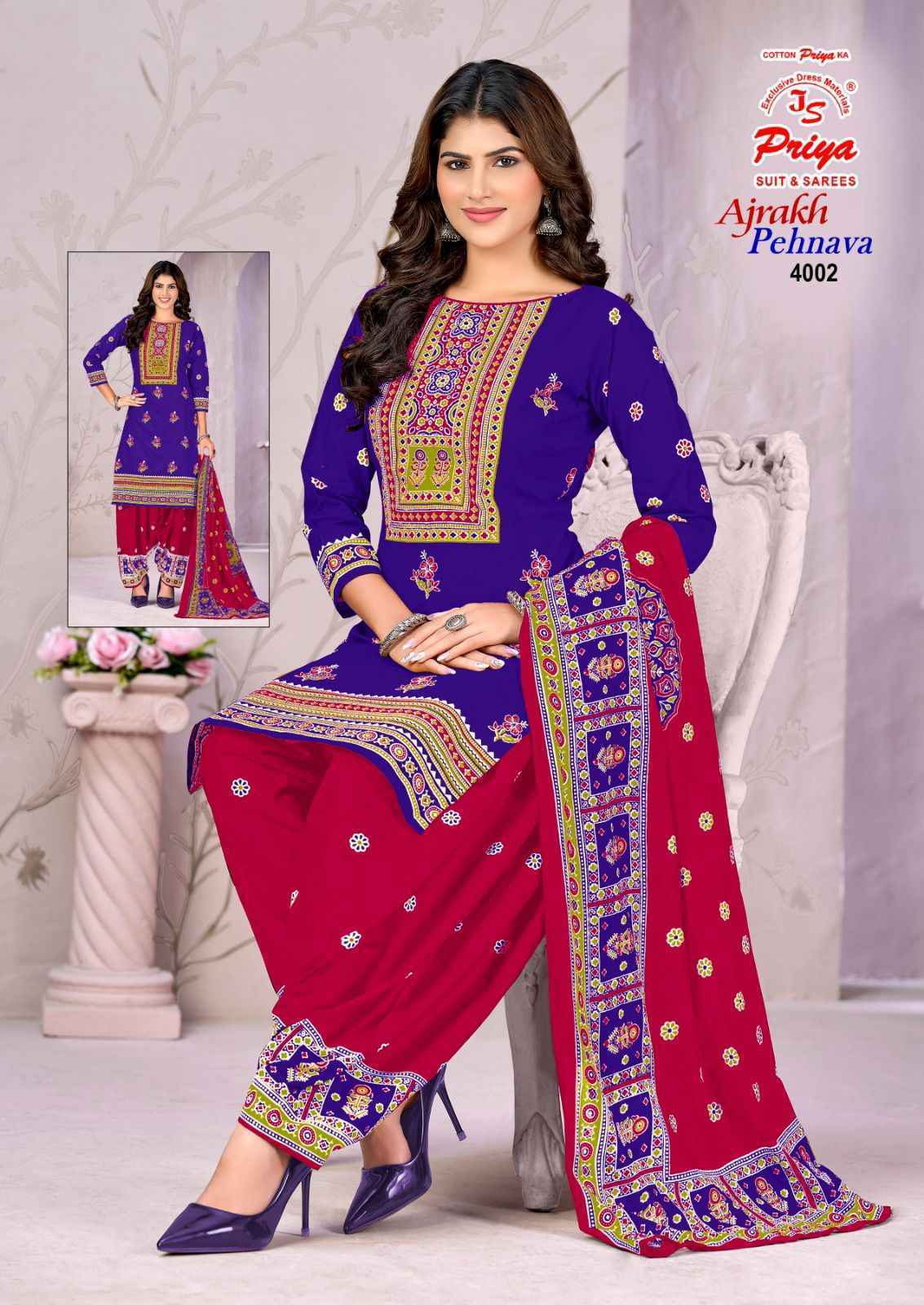 Js Priya Ajrakh Pehnava Vol 4 Cotton Dress Material _ New Collection at Wholesale Price ( 10 Pcs Catalog )