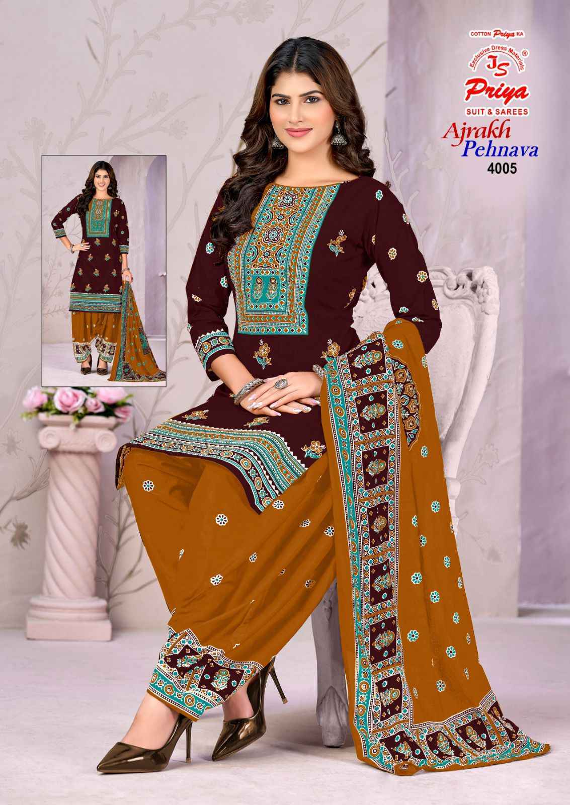 Js Priya Ajrakh Pehnava Vol 4 Cotton Dress Material _ New Collection at Wholesale Price ( 10 Pcs Catalog )
