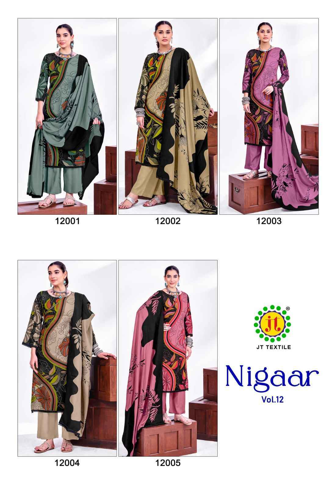 Jt Nigaar Vol 12 Rayon Dress Material Clothes Wholesale Website ( 5 Pcs Catalog )