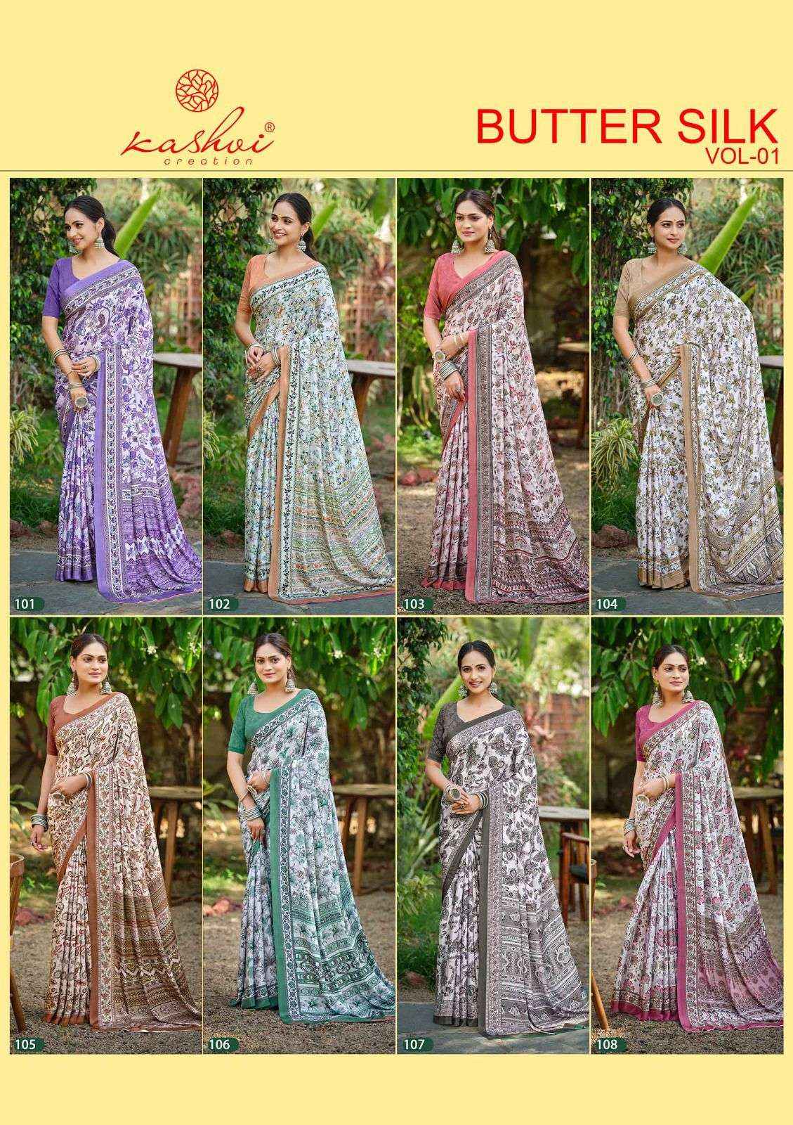Kashvi Butter Silk Vol 1 Silk Crepe Saree _ Surat Wholesale Bazaar ( 8 Pcs Catalog )